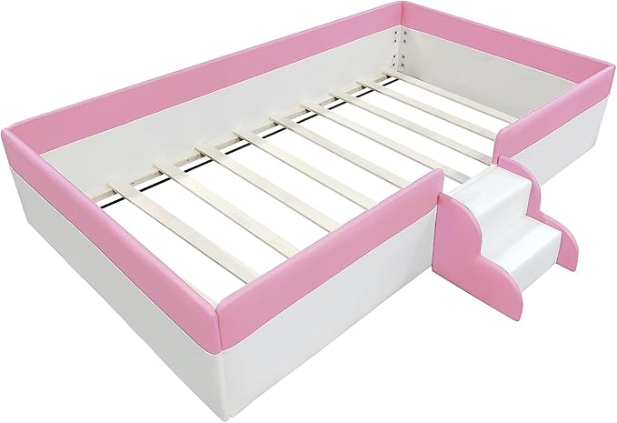 Merax Twin Size Kids Floor Bed, Upholstered Kids Daybed Frame with Fence and Stairs, Wood Bed for Living Room, White+Pink