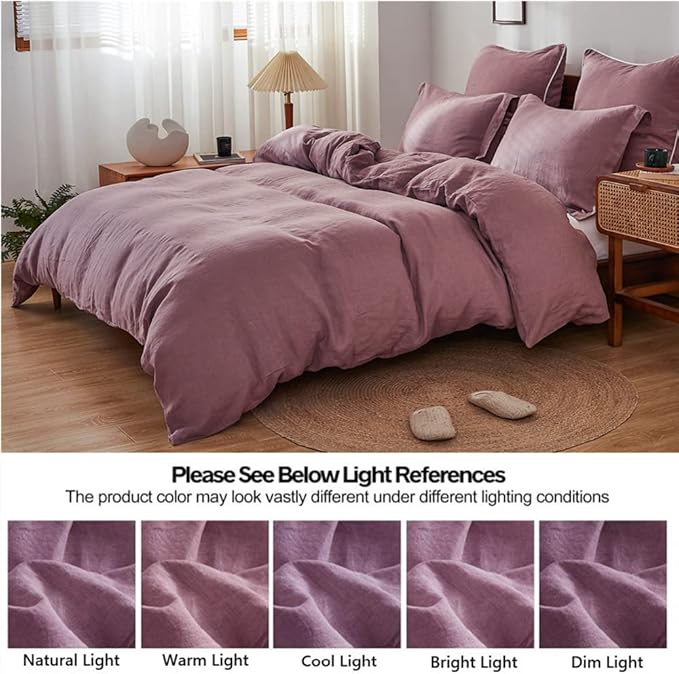 Simple&Opulence 100% Linen Duvet Cover Set 3pcs Basic Style Natural French Washed Flax Solid Color Soft Breathable Farmhouse Bedding with Button Closure - Purple, Queen