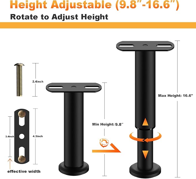4 Pack Adjustable Bed Support Legs 9.8"-16.6", Heavy Duty Thick Carbon Steel Bed Legs Replacement with Rubber Pads, Easy Install on Bed Frame or Slats