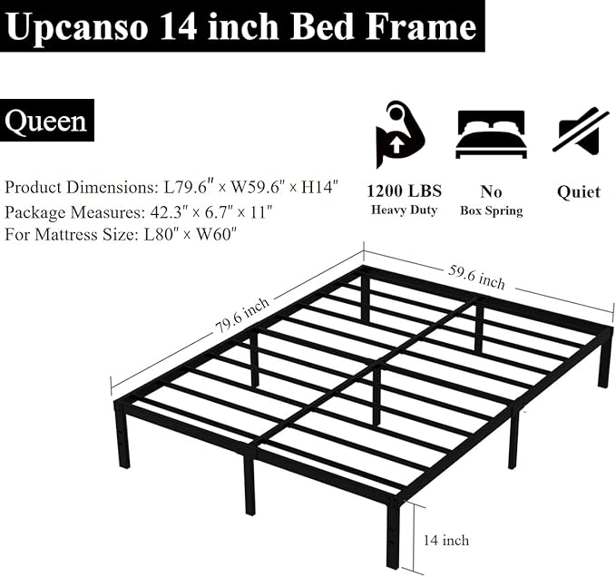 Upcanso Queen Bed Frame No Box Spring Needed, 14 Inch Heavy Duty Metal Platform Bed Frame Queen Size, 1200lbs Steel Slats Support, Easy Assembly, Black