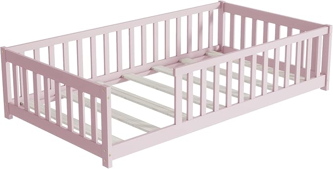 Bellemave Twin Floor Bed with Slats and Safety Guardrails, Twin Size Montessori Floor Bed with Fence and Without Door, Easy Assemble Montessori Beds Frame for Girls, Boys, Pink