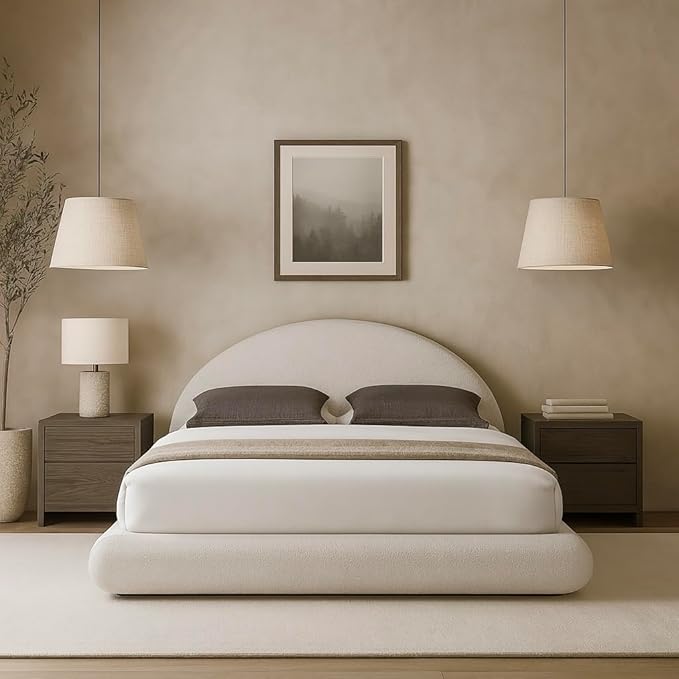Round Bed – Washable Zip Cover - Upholstered Linen Soft Foam - Modular Minimalist Modern - Half Circle Moon - Sold Sold Separately (Cream Boucle, King Headboard)