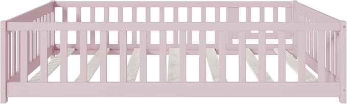 Bellemave Full Size Montessori Floor Bed Frame with Rails & Door, Solid Wood Kids Floor Bed Full with Removable Slats, Low Profile Montessori Bed for Children’s Sleep & Play, Pink