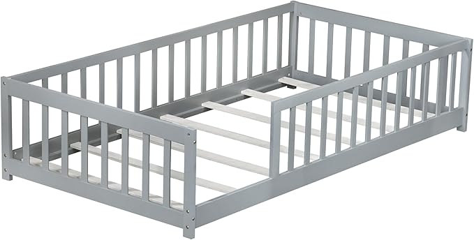 Bellemave Twin Floor Bed with Slats and Guardrails, Wood Montessori Floor Beds with Fence, Easy Assemble Floor Bed for Kids, Girls, Boys, Gary