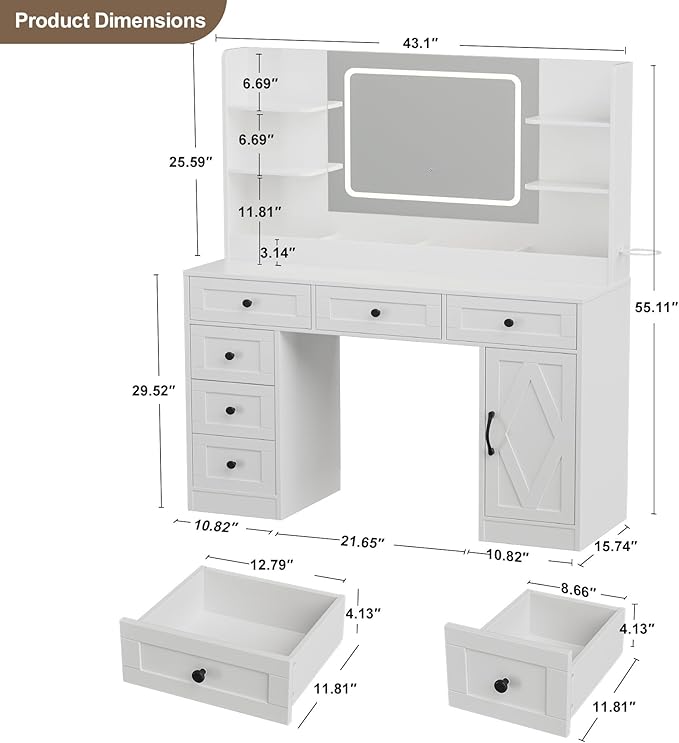 COMHOMA Makeup Vanity Desk with Mirror and Lights, Large Vanity Table with 6 Drawers & 1 Storage Cabinet, White Bedroom Dressing Table for Girls, 3 Color Modes Adjustable Mirror, White