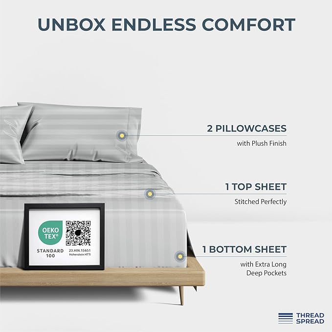 THREAD SPREAD 100% Egyptian Cotton Damask Sheets Queen Size - Luxury 1500 Series Queen Sheet Set Egyptian Cotton (4 PC, Silver Stripe), Soft, Sateen, Cooling & Breathable, 17" Deep Pocket Bed Set