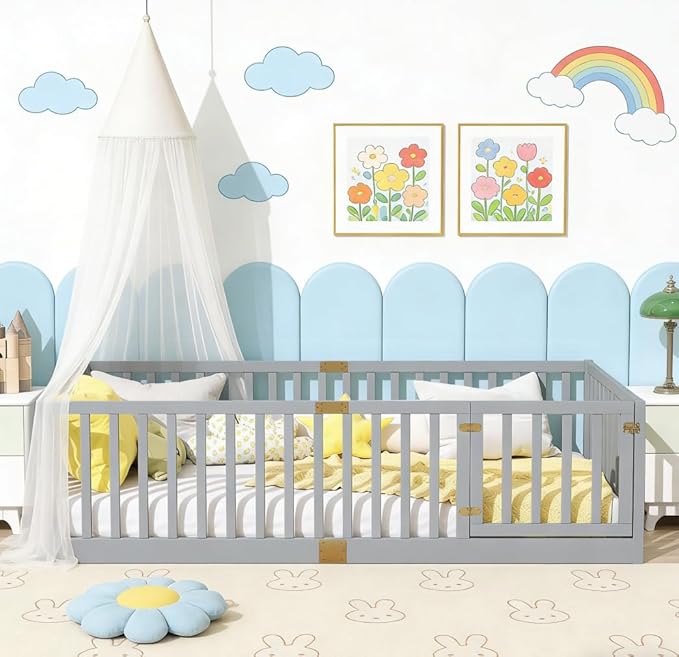 Bellemave Twin Size Montessori Floor Bed with 21.5" High Rails, Rubber Wood Twin Floor Bed with Slats and Door, Gray