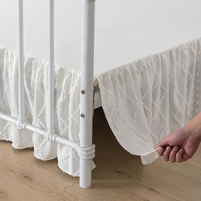 Bed Skirt Twin Size Ruffled Bed Skirt with Split Corners, 18 Inch Drop Dust Ruffle Bed Skirts with Platform, Boho Tufted Shabby Chic Full Size Bed Skirts, Ivory