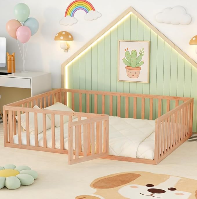 Bellemave Queen Size Montessori Floor Bed with 21.7" High Rails, Pine,Plywood Floor Bed with Small Door, Natural