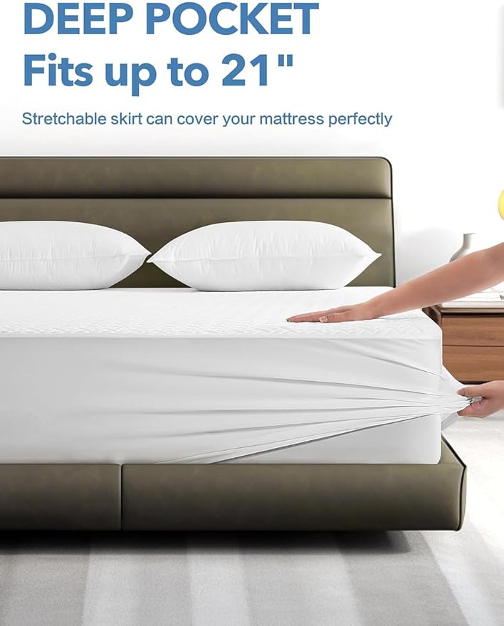 Queen Waterproof Mattress Protector, Premium Viscose from Bamboo Mattress Pad Ultra Soft Breathable, Noiseless Mattress Cover Fitted 8"-21" Deep Pocket