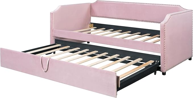 Merax Multifunctional Upholstered Extending Daybed with Trundle Twin to King, Velvet Sofa Bed with Wood Slats, No Box Spring Needed Pink