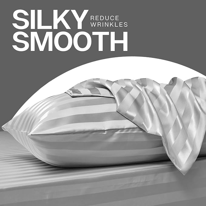 MR&HM Satin Pillowcase for Hair and Skin, Silk Satin Pillowcase 2 Pack, King Size Pillow Cases Set of 2, Silky Pillow Cover with Envelope Closure (20x40, Silver Grey Striped)