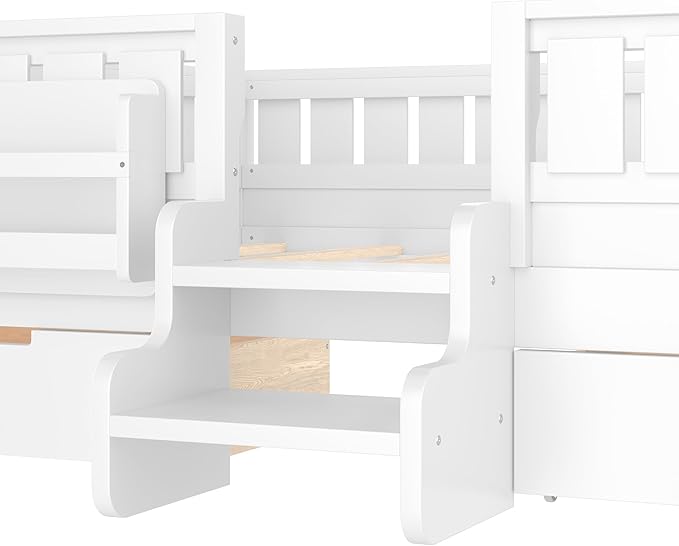 Bellemave Full Size Kids Montessori Bed with Stairs and Bookshelf,Solid Wood Full Size Kids Bed Frame with Drawers and Storage for Girls Boys,Low-Profile,White