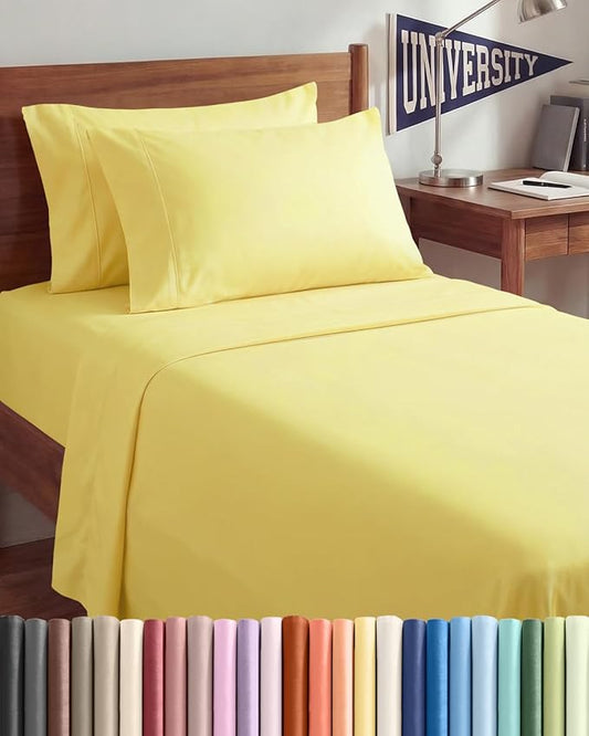 Twin XL 4 Piece Sheet Set - Comfy, Breathable & Cooling - Hotel Luxury Bedding for Women, Men, Kids, Teens & Children - 1 Flat & 1 Fitted Sheet & 2 Pillowcases w/ Deep Pockets - Wrinkle Free - Yellow