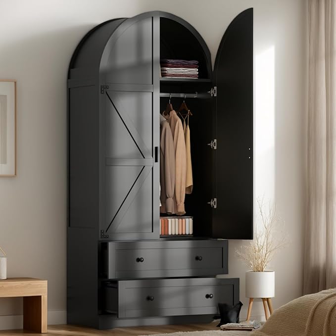 Black Armoire Wardrobe Closet,Wooden Wardrobe with 2 Doors and 2 Drawers,Bedroom Freestanding Armoire Storage Cabinet with Hanging Rack,Wardrobe Storage with with Hanging Rod for Bedroom, Cloak Room