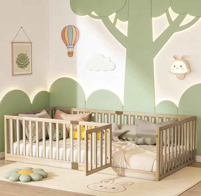 Bellemave Twin Size Montessori Floor Bed with 21.5" High Rails, Rubber Wood Twin Floor Bed with Slats and Door, Natural