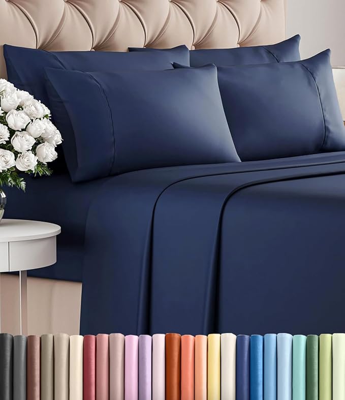 King 6 Piece Sheet Set - Comfy, Breathable & Cooling - Hotel Luxury Bedding for Women, Men, Kids, Teens & Children - 1 Flat & 1 Fitted Sheet & 4 Pillowcases w/ Deep Pockets - Wrinkle Free - Navy Blue