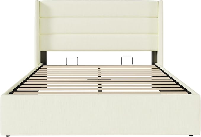 SHA CERLIN Queen Size Lift Up Storage Bed/Chenille Fabric Upholstered/Modern Wingback Headboard/Platform Bed Frame/Hydraulic Storage/No Box Spring Needed/Wood Slats Support/Cream