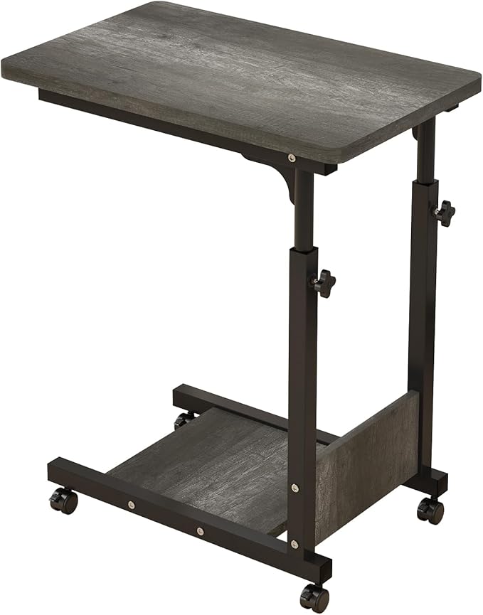 TigerDad Adjustable Height C Table Sofa Side Bedside Table with Wheels, Hospital Bed Table Rolling Tray with Storage, Mobile Computer Desk Laptop Table for Home Use,Gray