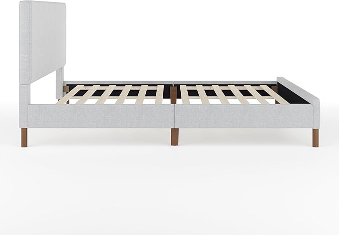 Martha Stewart Britta Platform Bed with Headboard & Footboard, Faux Linen Upholstery with Piping Detail, Rounded Headboard, No Box Spring Needed, Queen, Gray