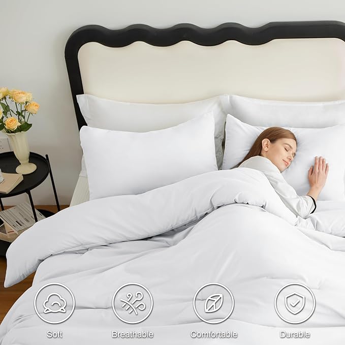 CozyLux Twin Comforter Set White, 2 Pieces Twin Extra Long Solid Breathable Bedding Sets for College Dorm, Twin XL Luxury Soft Bed Set with Down Alternative Comforter and 1 Pillowcase All Seasons