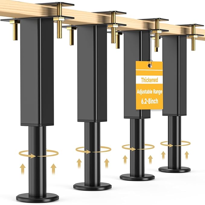 4PCS Adjustable Height Bed Support Legs, 6.2-8 In, Metal Heavy Bed Risers with Non-Slip Rubber Base, Replacement Furniture Feet for King Queen Frame Slats, Sofa, Couch, Cabinet, Dresser, Table