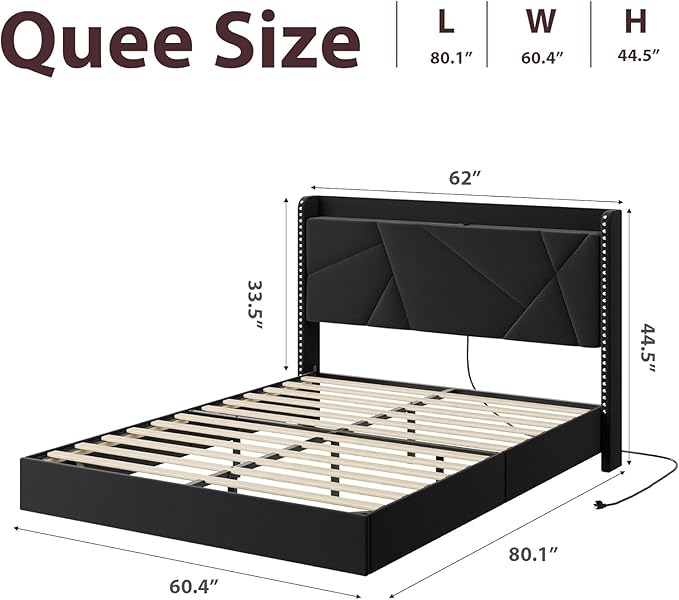 Garvee Queen Size Floating Bed Frame with RGB LED Lights and Charging Station, Upholstered Platform Bed with Storage Headboard and Button Tufted Design, No Box Spring Needed, Grey