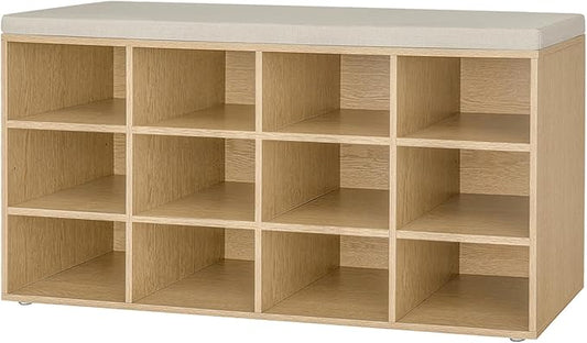 DINZI LVJ Shoe Storage Bench with Cushion, 12-Cubby Shoe Rack, Adjustable Shelves, 40.9" Long Shoe Organizer Bench for Entryway, Mudroom, Hallway, Garage, Natural and Cappuccino Beige