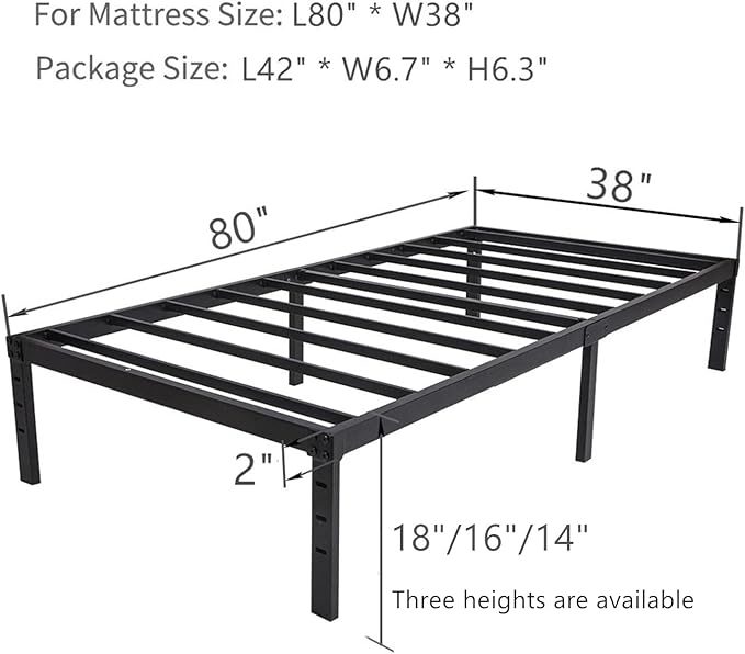 Wulanos Twin XL Bed Frame 18 inch Tall, 3500lbs Heavy Duty Metal Platform with Steel Slats Support, 18-inch Bedframe with Ample Storage, No Box Spring Needed, Sturdy and Noise-Free, Black