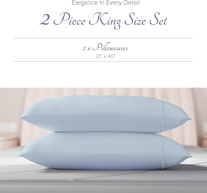 Carressa Linen 100% Egyptian Cotton King Size Pillow Cases Set of 2 - Luxury 600 Series Hydrangeas Collection King Pillowcases (Light Blue), Soft Cooling, Sateen Weave Hotel Quality Bed Pillow Cover