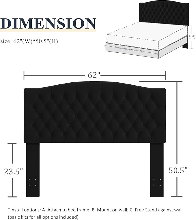 Befurtori Queen Headboard Only, Upholstered Headboard for Adjustable Bed Linen Tufted Queen/Full Size Wall Mounted Head Board with Solid Wood Legs Head Board, Black