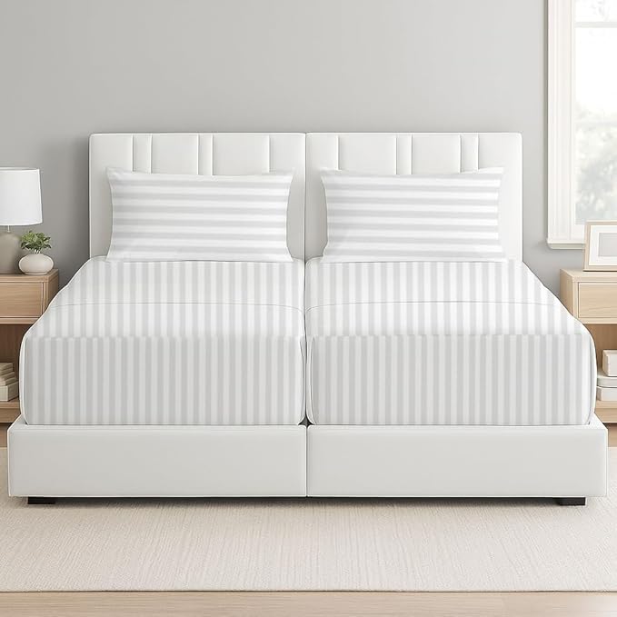 5 Piece Split Cal King Sheet Set, 100% Egyptian Cotton, 16 Inch Deep Pockets, White Stripe, Soft Cooling Sheets for Adjustable Beds, Sleep Number Beds, Split Cal King Mattress Sheet Set