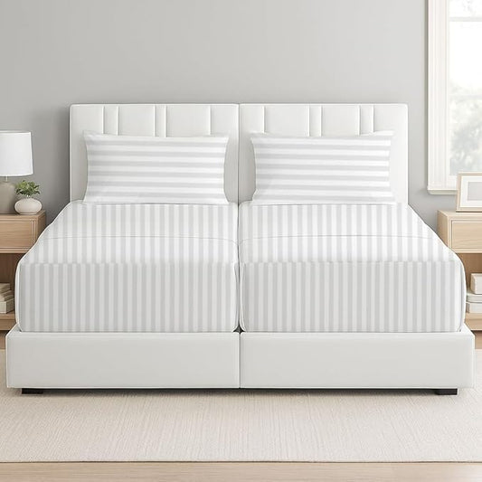 5 Piece Split Cal King Sheet Set, 100% Egyptian Cotton, 16 Inch Deep Pockets, White Stripe, Soft Cooling Sheets for Adjustable Beds, Sleep Number Beds, Split Cal King Mattress Sheet Set