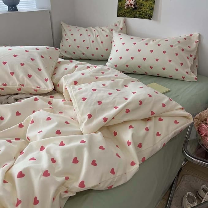 Nayoroom Heart Duvet Cover Full Size Kawaii Pink Heart Printed on Cream White Bedding Set 3Pcs Kids Girls Cute Heart-Shaped Pattern Comforter Cover with Zipper Closure Soft Breathable Microfiber