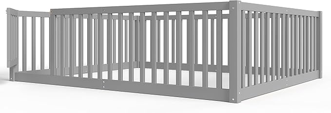 Bellemave Queen Size Montessori Floor Bed with 23.5" High Rails, Pine,Plywood Floor Bed with Small Door, Gray
