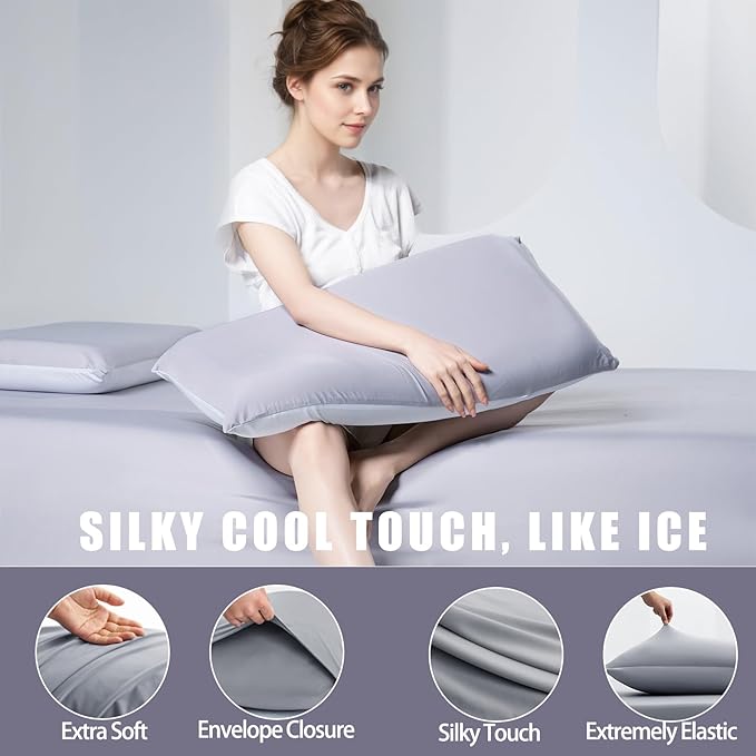 TELUS Cooling Pillowcases Queen Size 2-Pack, Silky Soft Pillow Case with Envelope Close, Stay Cool All Night Pillow Cover for Hot Sleepers and Night Sweats, 20x30 Inch,Grey