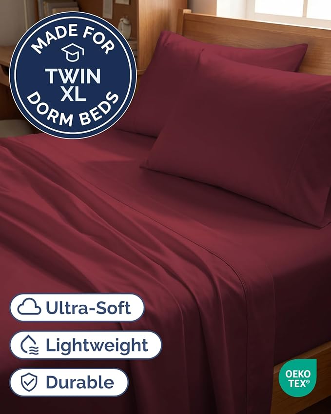 Twin XL 4 Piece Sheet Set - Comfy Breathable & Cooling - Hotel Luxury Bedding for Women, Men, Kids, Teens & Children - 1 Flat & 1 Fitted Sheet & 2 Pillowcases w/ Deep Pockets - Wrinkle Free - Burgundy
