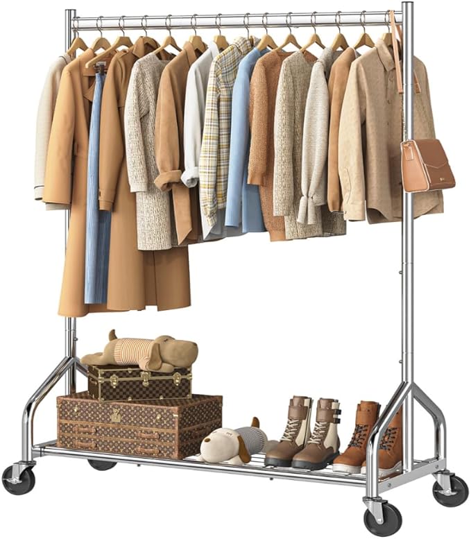 Simple Trending Heavy Duty Clothes Rack Load 420 LBS, Rolling Clothing Racks for Hanging Clothes, Metal Garment Rack with Wheels, Bedroom, Laundry Room, Silver