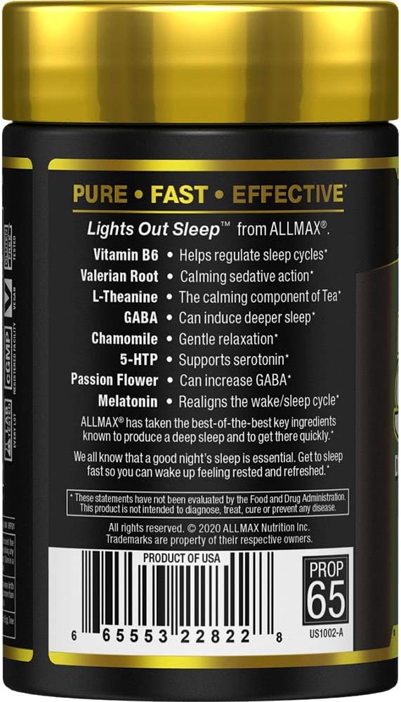 ALLMAX Lights Out Sleep - 60 Capsules - Promotes Rest & Relaxation - with Vitamin B6, L-Theanine, Chamomile & Melatonin - 30 Servings
