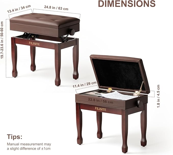 Adjustable Height Piano Bench Stool PU Leather Cushion Wooden Keyboard Seat with Music Storage (Brown)