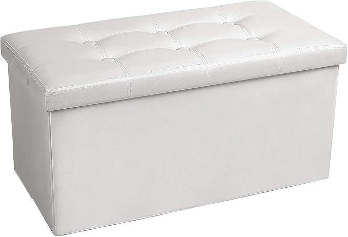 COSYLAND Ottoman Bench with Storage - 30x15x15in Folding Leather Ottoman, Rectangle Foot Stool Foldable Storage Chest Footrest Footstool Collapsible with Lid for Bedroom Living Room White