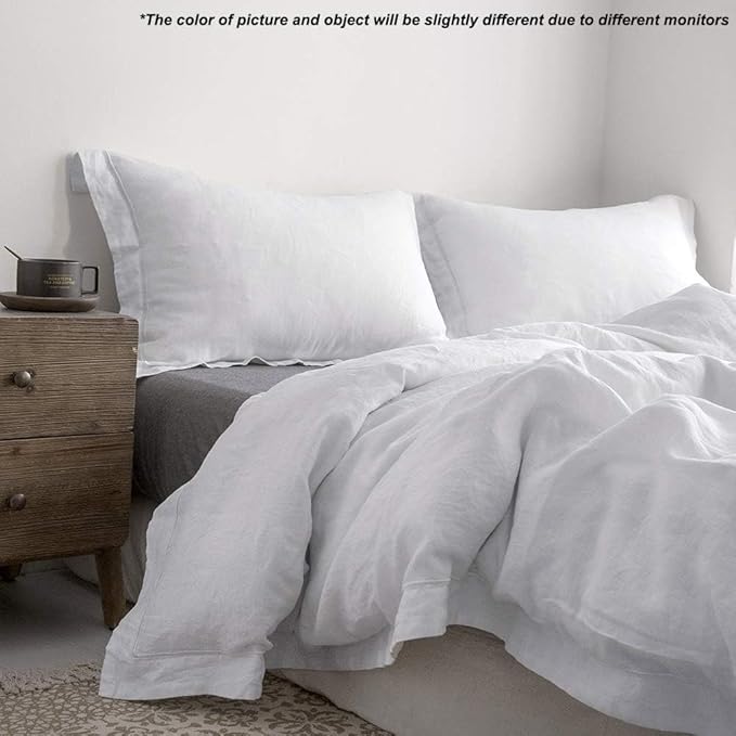 Simple&Opulence 100% Linen Duvet Cover Set with Embroidery Border Washed - 3 Pieces (1 Duvet Cover with 2 Pillow Shams) with Button Closure Soft Breathable Farmhouse - White, Full Size