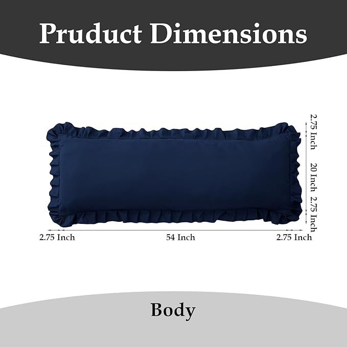 Ruffled Body Pillow Pillowcases Set of 2 – Soft Wrinkle Resistant Brushed Microfiber Body Pillowcases –Envelope Pillow Shams Festive Gift for Hotels, Guest Rooms 20x54 Inch (Navy Blue)