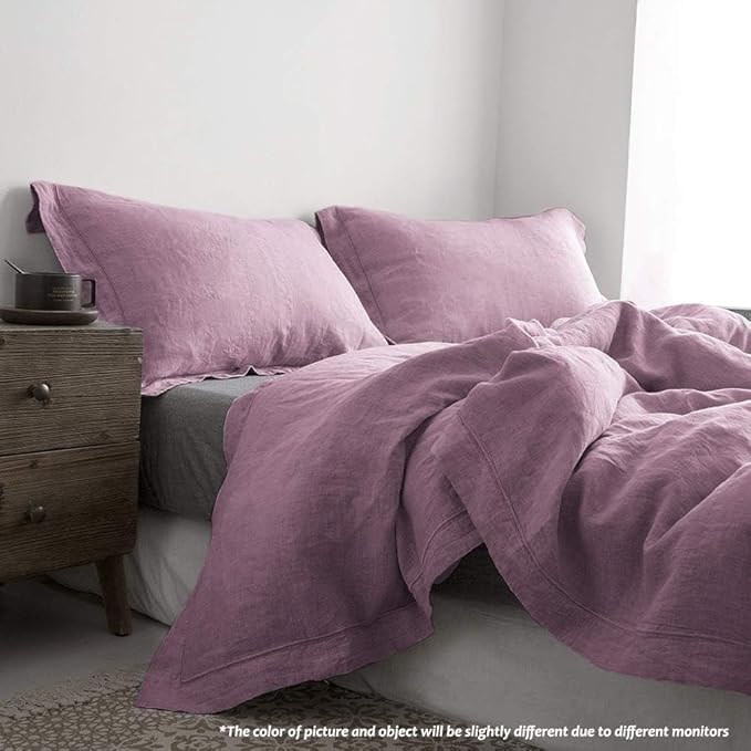 Simple&Opulence 100% French Flax Linen Duvet Cover Set with Embroidery Washed - 3 Pieces (1 Duvet Cover with 2 Pillow Shams) with Button Closure Soft Breathable Farmhouse - Purple, King Size