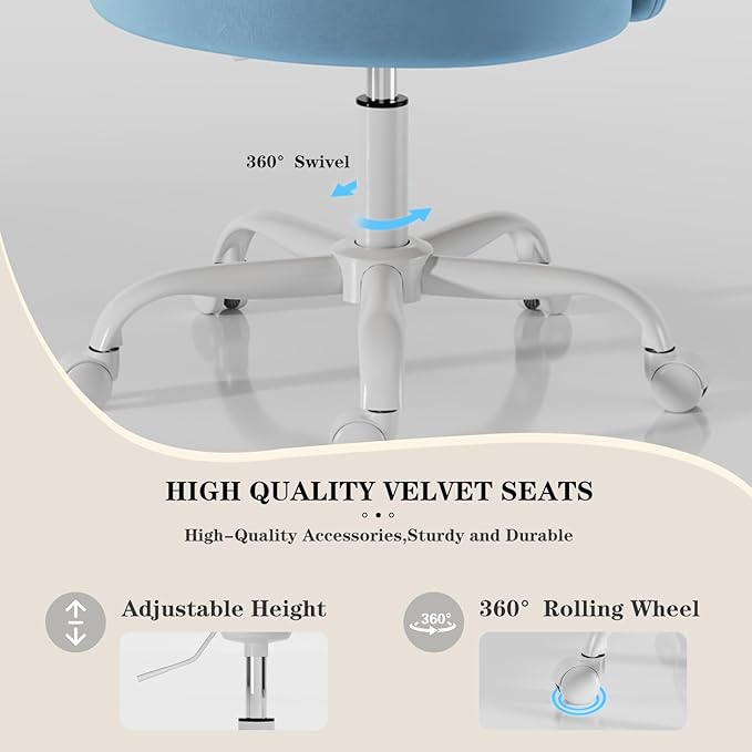 Velvet Vanity Chair with Wheels, Height Adjustable Swivel Makeup Chair, Armless Small Desk Chair for Bedroom/Office/Vanity Table, 250 lbs Capacity (Velvet, Blue)