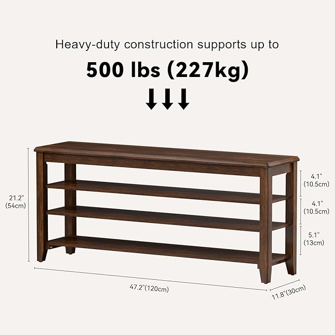 Taitiy Shoe Rack Bench with Rubberwood Flat Top and 3 Adjustable Shelves – Wooden Shoe Rack for Entryway, Hallway, Mudroom, Front Door, or Small Spaces