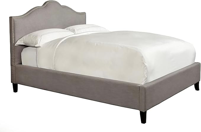 Pemberly Row Traditional Upholstered King Bed, Polyester-Linen Fabric, Falstaff Gray Finish, Nailhead Trim, Kiln-Dried Hardwood Frame, 80"x89"x54", Elegant Bedroom Furniture for Adjustable Bed Frames
