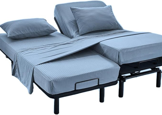 Kingnex Striped Split California King Sheets Sets for Adjustable Bed with Deep Pocket 5 Pieces Include 2 Cali Twin XL Fitted Sheets 1 Flat Sheet 2 King Size Pillowcases Blue