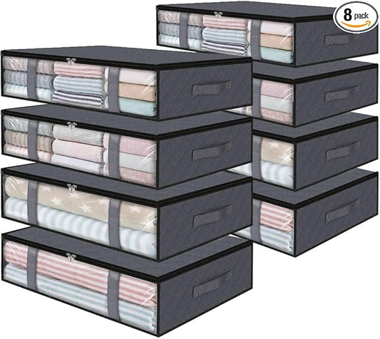 StorageRight Under Bed Storage Bags 8 Pack, 40L Large Clothes & Comforter Storage Containers with Clear Window, Breathable Fabric Organizer for Blankets, Bedding, Seasonal Clothing, Grey