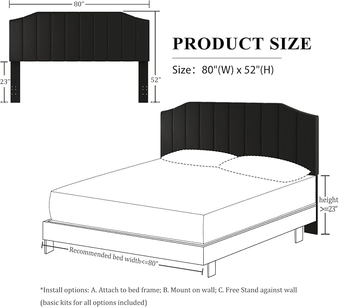 Furpopup King Size Headboard Only, Velvet Upholstered Headboard King/California King Size Wall Mount and Bed Frame Mount, Featuring High-Density Sponge Padding Easy Assembly Comfort Style-Black